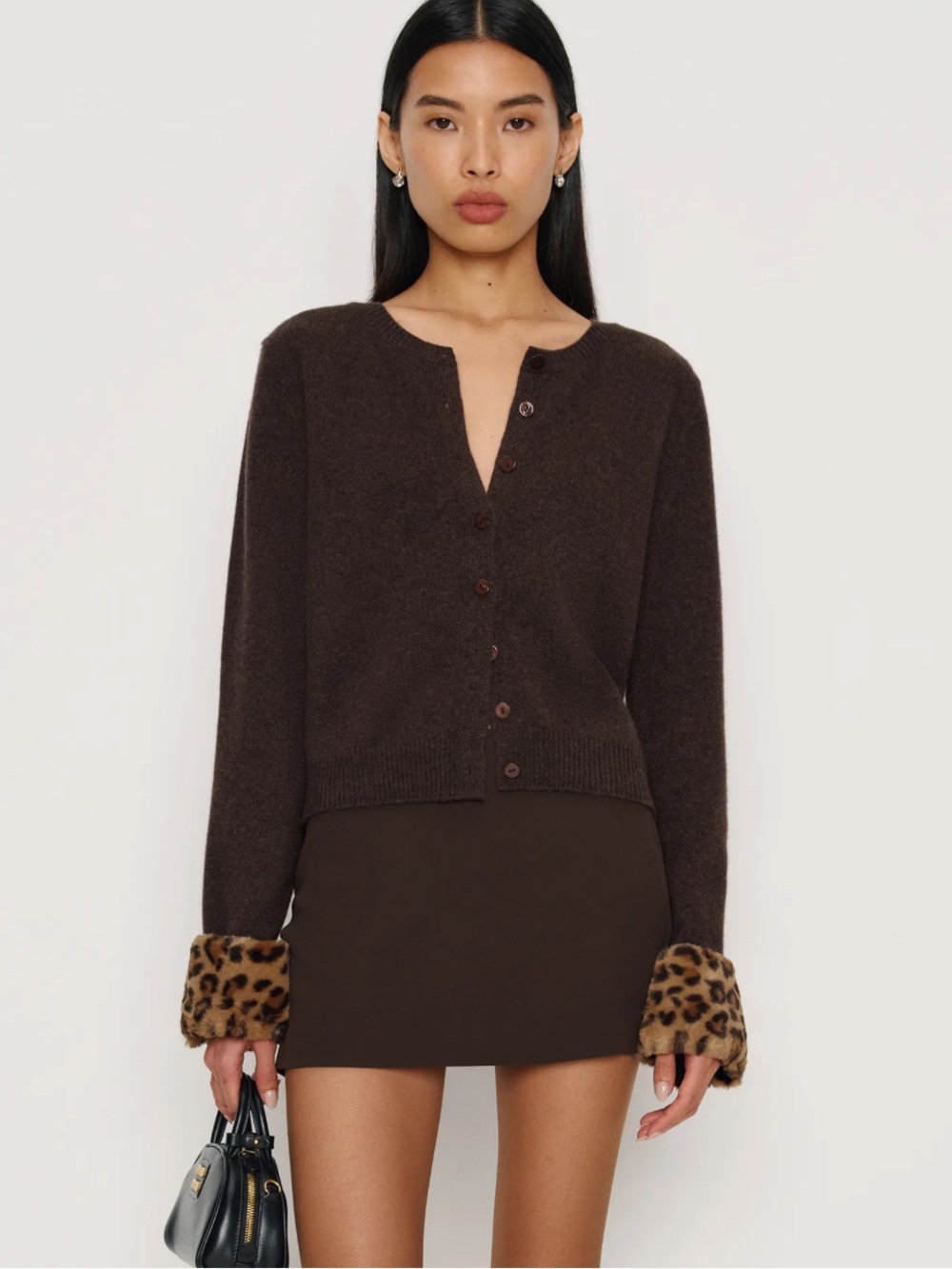 Reformation Cashmere Crew Cardigan — Leopard Faux Fur Cuff | Size Small